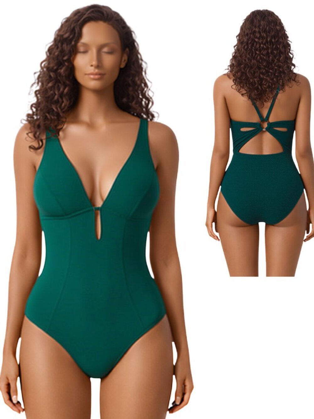 CUPSHE Small Green One Piece Swimsuit Deep V Keyhole O Ring Textured NWT